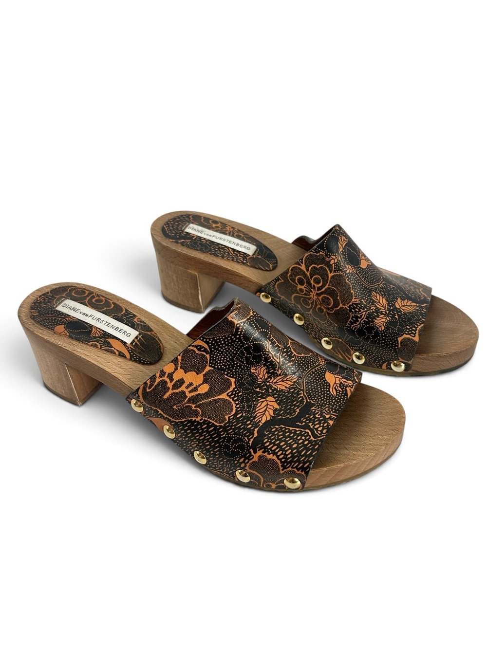 Diane von Furstenberg Vintage Y2K Brown Orange Floral  Wooden Block Slide Mule 8